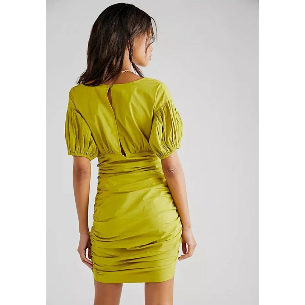 Free People Tastemaker Mini Buttondown V Neck Ruched Puff Sleeve Dress Small - Picture 2 of 12